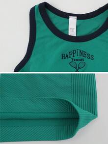 Leorrey One PC Women's Sweet Color Block Sleeveless Round Neck Ribbed Letter Print Running Fitness Exercise Sports Vest (For Running, Tennis, Badminton) - Green - View 3