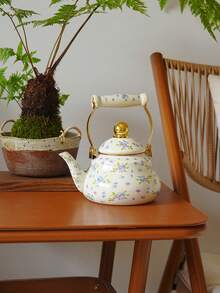 1 Set Of Fresh And Delicate Floral-Patterned Enamel Kettle With Ceramic Handle Suitable For All Seasons, Heatable (Can Be Used On Stovetops Or Other Heating Sources As Applicable) Multi-Functional: Can Be Used As A Water Kettle, Coffee Pot, Teapot, Or Cold Water Pitcher Serves As A Home Decorative Ornament An Ideal Gift For Festivals (E.G., Christmas, Spring Festival) And Birthdays For Relatives And Friends - Purple Floral - View 2