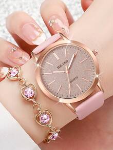 Đồng hồ đeo tay nữ thời trang thanh lịch tối giản mặt nhám máy quartz + Bộ trang sức đính đá hình trái tim (6 món/bộ), không kèm hộp đồng hồ - Hồng - Xem 2