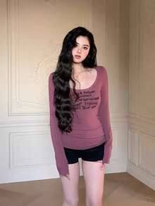 女士休闲修身长袖T恤，舒适时尚，秋冬款