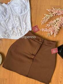 Elegant Women's Neoprene Short Skirt With Button - Style - Rust Brown - View 2