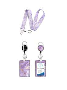 1pc/Set Marble Pattern Lanyard/Retractable Card Holder Combo, Suitable For Bus Pass, ID Badge, Photo Card, Medical ID, Exhibition Badge, Student ID, ID Holder, Phone/Camera Lanyard - Multicolor - View 3