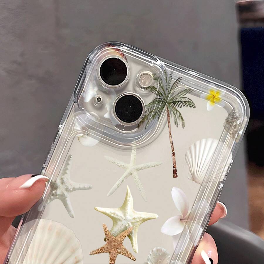 Una funda transparente para iPhone con un diseño simple y elegante, decorada con patrones de estrellas de mar, cocoteros y conchas. - Colores mixtos - Ver 1