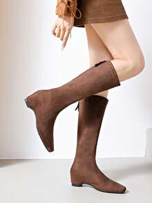 2025 Autumn/Winter Square Toe Wedge Heel Tall Boots, Suede Slim Fit Tall Boots, Solid Color Outdoor/Party/Office Wear Zipper Boots - Coffee Brown - View 4