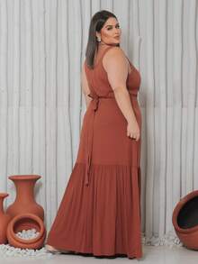 Long Wrap Dress With Thin Straps Made Of Smooth Viscose Linen. - 鏽棕色 - 查看 4