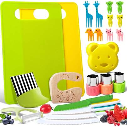23 PCS Kids Cooking Sets, Kitchen Tools Toddlers' Real Cooking, Kids Kitchen Knife Set With Cutting Board Kid Knives Peeler Sandwich Cutters Crinkle Cutter, Girls Boys,Birthday,Party Gifts