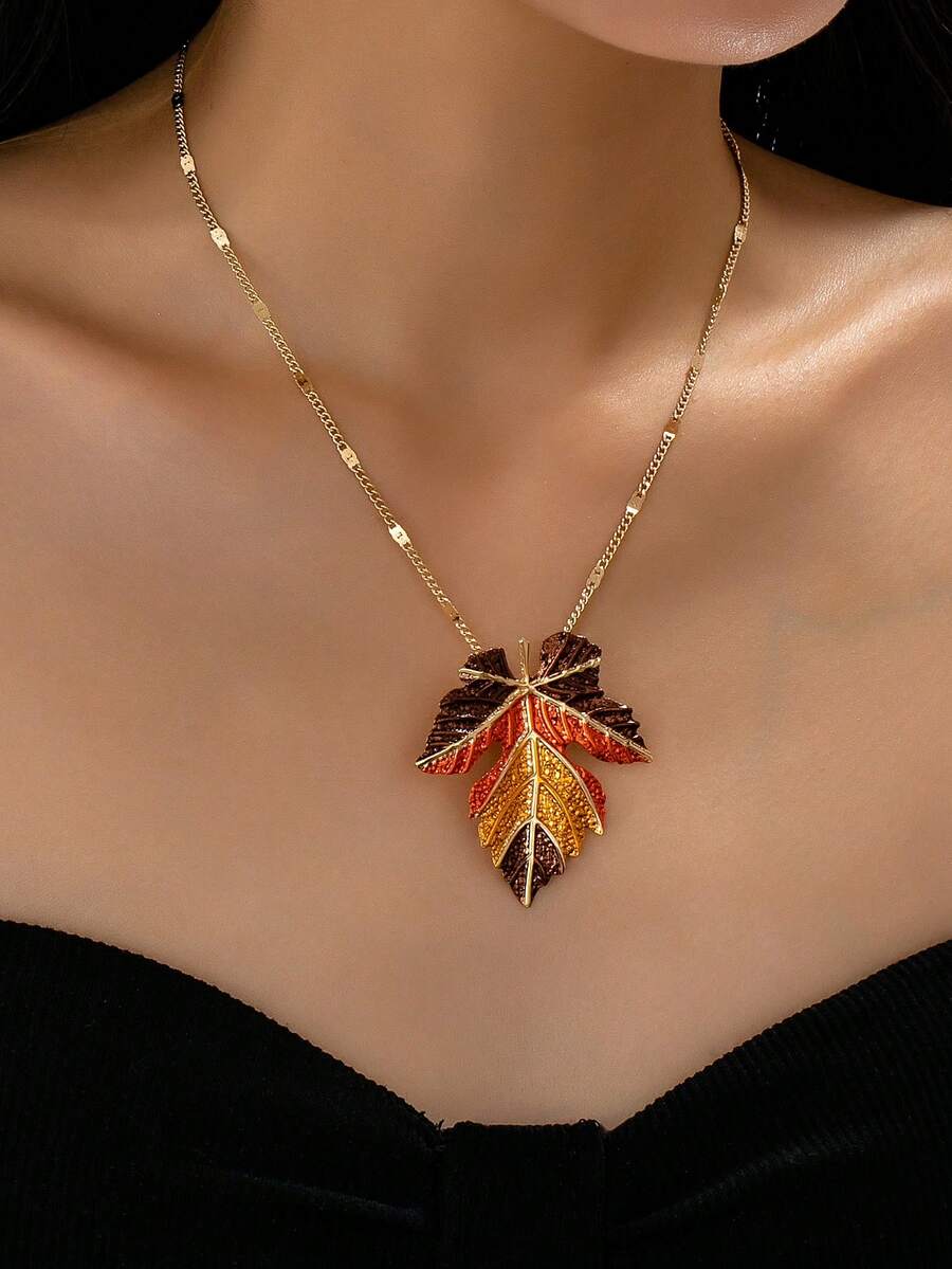 1pc/Set Autumn Maple Leaf Alloy Painted Fallen Leaf Women's Necklace