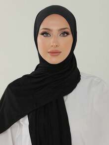 两件套女士穆斯林时尚纯色头巾套装，舒适针织头巾，适合日常祈祷和户外穿着。 - 下巴帽+圍巾 - 查看 22