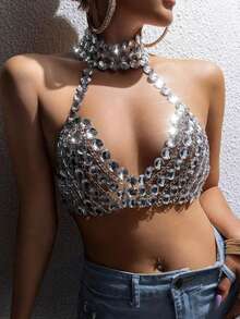 Women's Rhinestone Lingerie Tops Cute Sleeveless Backless Deep V Neck Halter Bra Tanks - Silver - View 4
