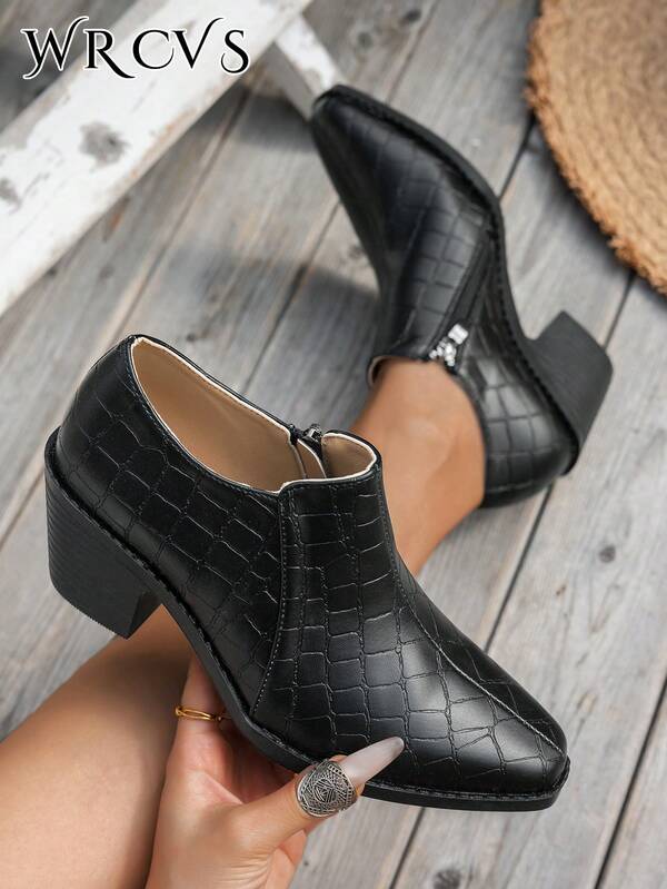 WRCVS أحذية كعب سميك مطبوعة باللون الأسود، أحذية كعب سميك أنيقة - أحذية مغلقة الأصبع للعمل والمناسبات الرسمية، أحذية لوفر من جلد اصطناعي متين مزودة بسحاب جانبي، أحذية كعب عالي بسحاب أمامي من جلد PU بتصميم كلاسيكي للمكتب، خريف/شتاء