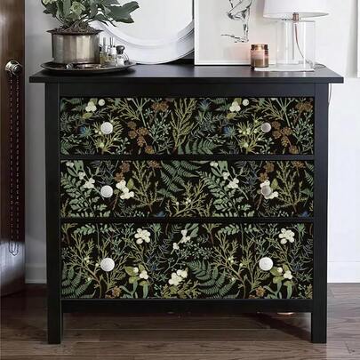 1 Roll Of Plant And Floral Self-Adhesive Wallpaper 17.7 Inches X 118 Inches Removable Dark Background With Green Leaves And White Flowers Perfect For Living Room Bedroom And Furniture Updates Fashionable Autumn Decoration Cute Room Decoration