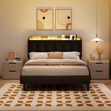 LED Bed Frame With Storage Headboard, Queen Bed Frame With Bookcase Headboard, PU Leather Upholstered Furniture, No Box Spring Needed, Easy Assembly, Christmas Gifts, Bedroom Deccor, Twin/ Full/ Queen, Black/ White (USB LED Strip) - 黑色 - 查看 12