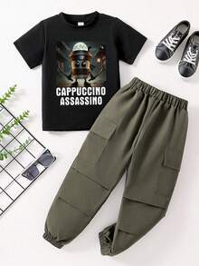 Young Boy Cartoon Print Round Neck Short Sleeve Tee And Cargo Pants Set - Black - View 3