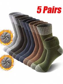 5 Pairs Men's Warm Thermal Lined Thermal Socks, Thick Cushioned Mid-Calf Hiking Socks, Fit US Size 4.5-9 / UK Size 3.5-8 / EU Size 36-43, Winter