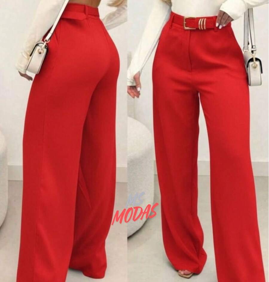 Tailored Wide-Leg Trousers With Belt. - Rojo - Ver 1