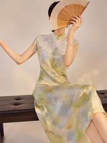 1 Stück schwer bestickter Glasperlen-Quasten Cheongsam Schultertuch, Spitzen-Häkelei Rüschen einfarbiger Retro-Spitzen-Bolero Kragen