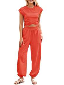 Fisoew Women's 2 Piece Thin & Breathable Style Outfits Summer 2024 Y2K Loungewear Sets Crop Top & Joggers Set Lightweight Tracksuit With Pockets Casual Streetwear ( Runs Orange) - 珊瑚紅色 - 查看 1