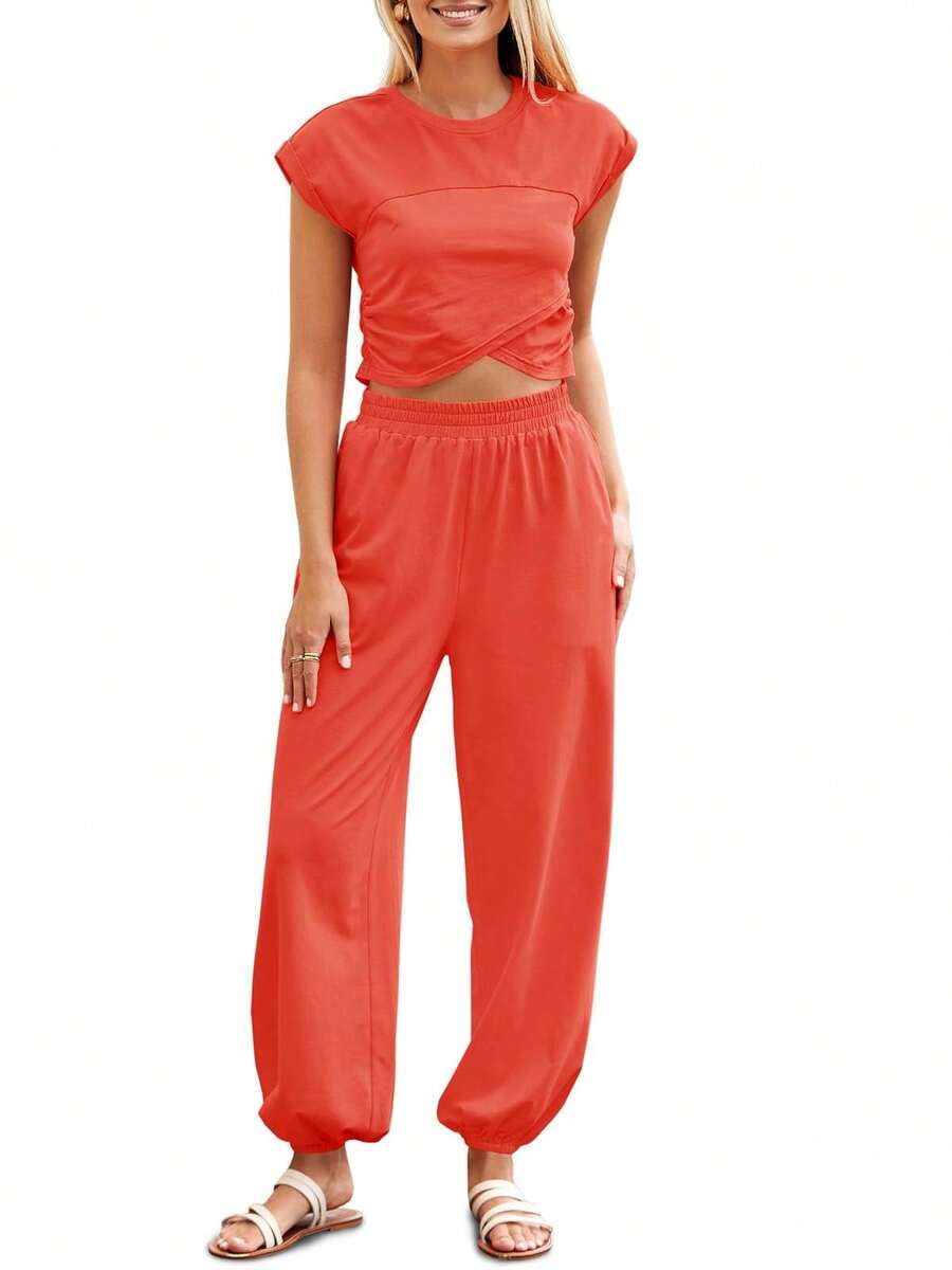 Fisoew Women's 2 Piece Thin & Breathable Style Outfits Summer 2024 Y2K Loungewear Sets Crop Top & Joggers Set Lightweight Tracksuit With Pockets Casual Streetwear ( Runs Orange) - 珊瑚紅色 - 查看 1