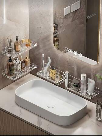 1 pieza Estante de almacenamiento de baño ondulado de acrílico, organizador de tocador montado en la pared, decoración de baño para el hogar, organizador de baño, decoración de otoño, de vuelta a la escuela