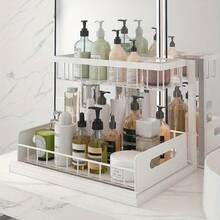 Organizador de 2 niveles para debajo del fregadero - Estante de almacenamiento extraíble de plástico resistente, diseño a prueba de agua y óxido, ahorro de espacio para cocina, baño, despensa, refrigerador, lavandería - Fácil instalación, blanco y negro - Blanco - Ver 6