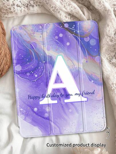 Marble Light Purple 26 Letter Painted Flat Tablet Case, Customizable Text, Clear Printed Image, Built-In Pen Slot, Three-Fold Stand, Flip Tablet Case, Suitable For IPad Mini4/Mini5/Mini6/Air/Air2/9.7/10.2/10.5/Air4/Air5/10.9/Pro 11-Inch/10th/11th/IPad Air 11-Inch (M2)-2024 2025 Models, Galaxy Tab A8 10.5 Inch 2022 Model, Pen Not Included