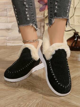 Botas de nieve con forro de piel sintética de moda para mujer, botas con forro cálido, bloque de color plano, tubo corto, botines altos informales con puño de peluche
