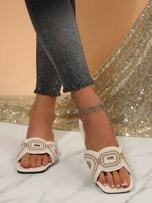 Sandale elegante de lux cu strasuri și perle, fără slip-on, ușoare, pentru femei, sandale la modă cu sclipici, pentru vacanța de vară și ținutele de interior - Bej - Vizualizare 3