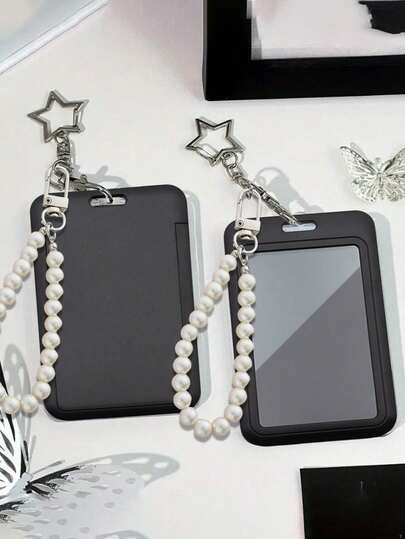 Black Card Holder With Star Pendant Paired With Faux Pearl Pendants, Bag Ornament, Keychain, Can Hold Id Card, Celebrity Card, Bus Card, Meal Card, Subway Card, Photo, Residential Card, Access Card Protective Cover, Can Be Used Daily, Decorated, Or Given As A Gift To Friends, Family, Lovers, Valentine's Day Gifts, Birthday Gifts, Mother's Day Departure, Back To School Gifts
