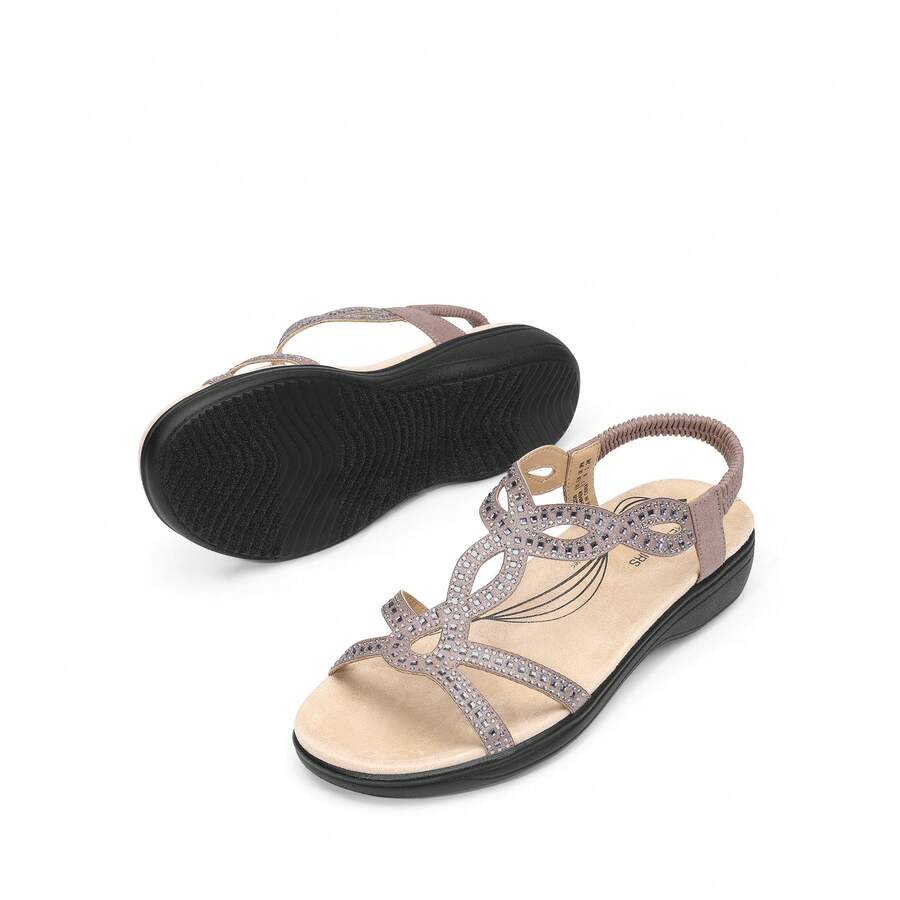 Women Comfort Flat Sandals Rhinestone Orthopedic Sandals Summer Walking Sandals With Elastica Back Strap Slip-On Vacation Beach Flats Shoes - 灰色 - 查看 1