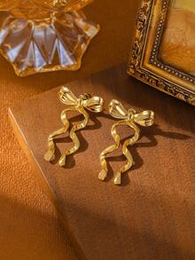 1Pair 14K Gold Metal Ribbon Charm Bow Stud Earrings, Women's Fashion Wedding Earring, Elegant Long Earrings, Perfect Gift For Mother's Day, Valentine's Day, And Christmas