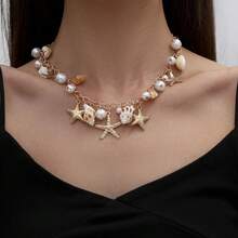 Summer Beach Shell Necklace For Women, Faux Pearl Starfish Conch Jewelry, Ocean-Inspired Seashell Accessories, Chic Beachy Pendant Necklace, Tre Ndy Summer Coastal Ornament, Imitation Pearl & Shell Fashion Piece, Boho-Style Sea-Themed Necklace, Vacation-Ready Beach Jewelry, Delicate Seaside Charm Necklace, Gift For Beach Lovers/Fashionistas. - 金色 - 查看 2