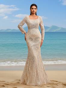 Đầm maxi đuôi cá sang trọng, cao cấp, đính sequin và ren, cổ vuông, hở lưng, dây buộc điều chỉnh được, thích hợp cho các bữa tối trang trọng, dạ hội, đám cưới, sự kiện thảm đỏ, tiệc Valentine mùa xuân. - Màu be - Xem 2