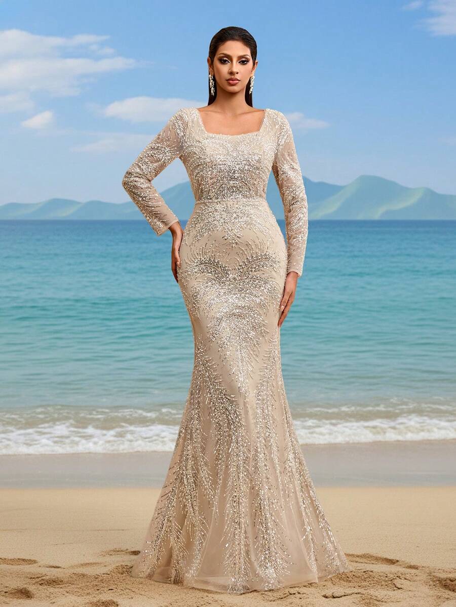 Đầm maxi đuôi cá sang trọng, cao cấp, đính sequin và ren, cổ vuông, hở lưng, dây buộc điều chỉnh được, thích hợp cho các bữa tối trang trọng, dạ hội, đám cưới, sự kiện thảm đỏ, tiệc Valentine mùa xuân.