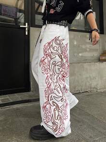 Infinite Jeans 1pc American Street Style Men's Embroidered Wide Leg Loose Comfortable High Street All Season Denim Jeans (Product Does Not Include Belt And Accessories) - White - View 1