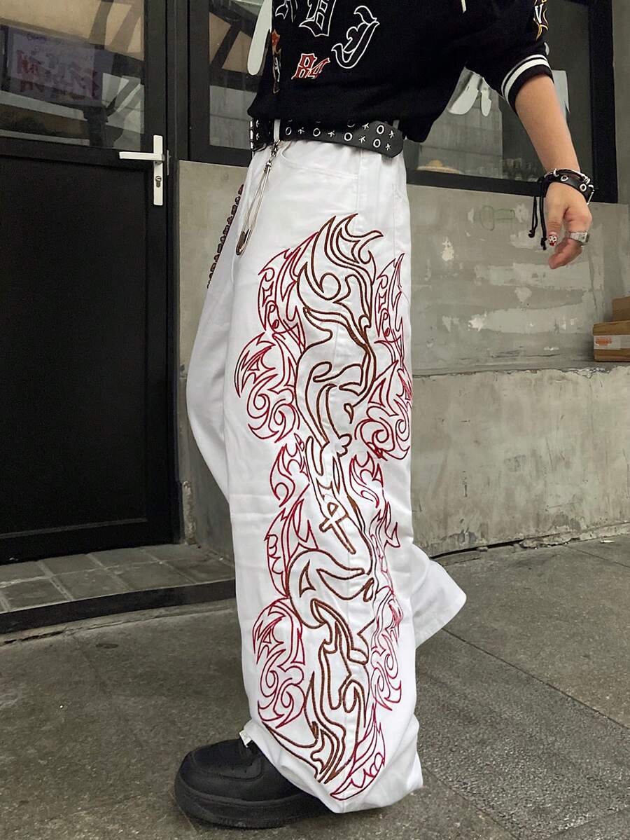 Infinite Jeans 1pc American Street Style Men's Embroidered Wide Leg Loose Comfortable High Street All Season Denim Jeans (Product Does Not Include Belt And Accessories) - White - View 1