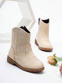 Autumn/Winter Embroidered Totem Boots, New Wear-Resistant Warm Comfortable Flat Western Style Versatile Baby Boots, Fashion Minimalist Side Zipper Short Boots - Apricot - View 3