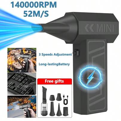 Mini Turbo Jet Fan, 140,000 RPM Turbo Fan, Wireless Electric Handheld Air Duster, 52m/S Brushless Motor Handheld Air Blower, High-Performance Car Cyclone Turbo, Air Cushion Inflator, Pet Dryer, BBQ Blower