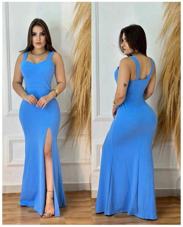 Vestido Longo Sereia Decote Alça Regata Fenda Lateral Festa Casamento Formatura Madrinha