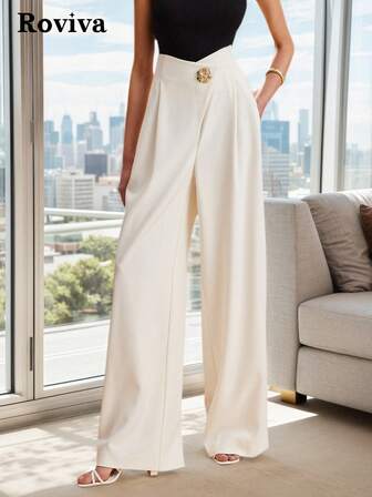 Roviva กางเกงขายาวทรงตรงขาบานสีขาวอเนกประสงค์แบบลำลองที่ทันสมัยและสง่างามสำหรับผู้หญิง - กางเกงขายาวทรงตรงเข้ารูปดีไซน์ไม่สมมาตร เหมาะสำหรับคริสต์มาส วันขอบคุณพระเจ้า ปีใหม่ วันหยุด งานปาร์ตี้ การสังสรรค์ สำนักงานและชุดลำลอง เหมาะสำหรับฤดูใบไม้ผลิ ฤดูร้อน ฤดูใบไม้ร่วงและฤดูหนาว
