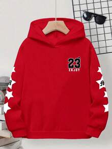 Teen Boy Fashionable Sports Number 23 English Graphic Casual Pullover Sweatshirt, Versatile For Street, Outdoor, Sports, Daily Commute - Red - View 3