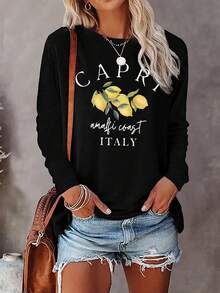 CHICLY19 Women's "Capri Amalfi Coast Italy" Long Sleeve T-Shirt, Lemon Print Casual Tee, Round Neck Loose Fit Travel Inspired Top, Soft Lightweight Fabric Everyday Wear, Italian Summer Aesthetic, Fresh Vacation Style Blouse, Versatile Spring & Summer Casual Outfit, Simple Lemon Graphic Apparel For Women - 白色 - 查看 6