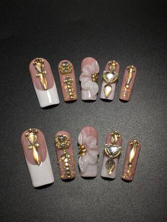 Each Set Consists Of 10 Pieces Of Y2K Square Handmade Acrylic Nail Plates, Designed In French Style With Rhinestones, Water Droplets, Letters, And Cherry Decorations, Available In Multiple Tones And Nude Colors. 3 Sizes To Fit, Suitable For Parties, Dances, And Daily Wear, Comes With A Nail Kit, Making It An Ideal Press On Nails Gift For Ladies And Girls.