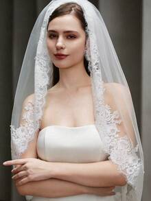 1件装女士时尚柔软蕾丝新娘头纱，浪漫经典蕾丝配金属发梳，婚礼配饰，多功能婚礼头饰围巾 - 乳白色 - 查看 6