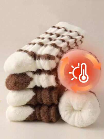 3 Pairs Women's Thick Thermal-Lined Crew Socks, Solid Color Fuzzy Heart Design, Warm For Sleeping & Indoor Wear In Autumn/Winter