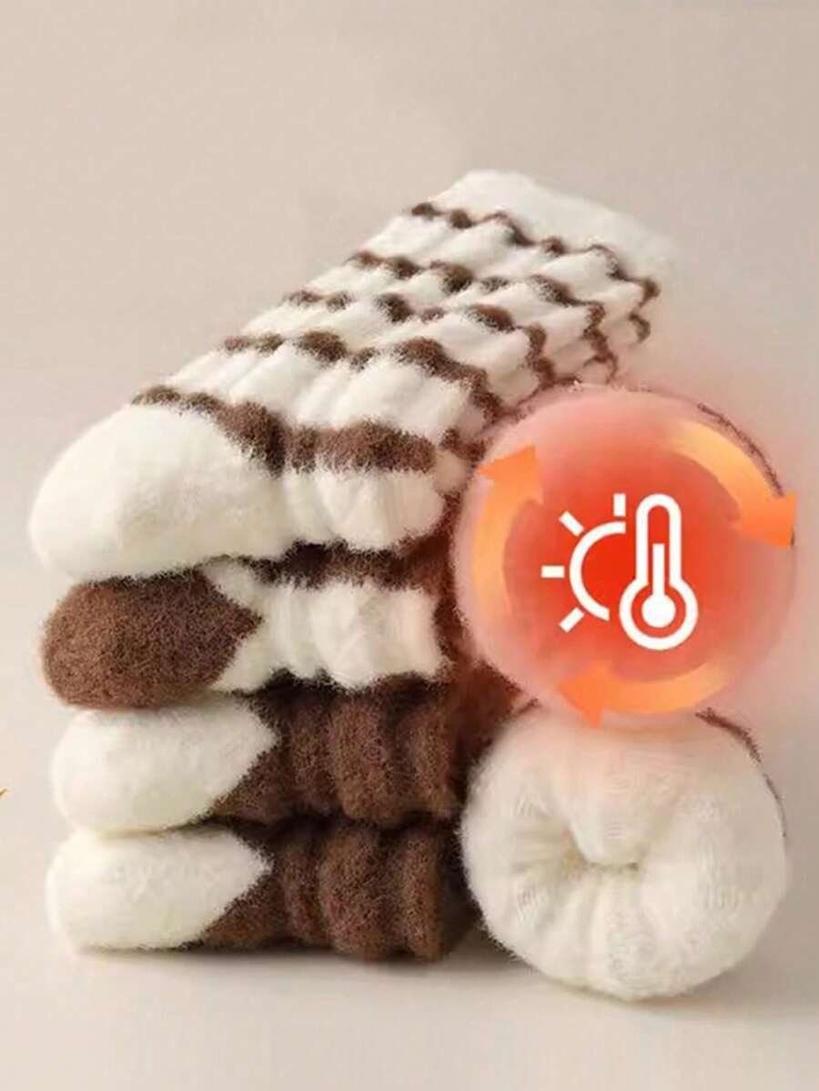 3 Pairs Women's Thick Thermal-Lined Crew Socks, Solid Color Fuzzy Heart Design, Warm For Sleeping & Indoor Wear In Autumn/Winter