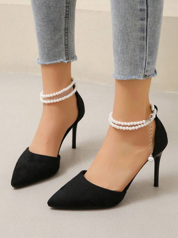 Women's Suede Black High Heel Shoes, Stiletto Heel, Versatile, Petite, Pearl Buckle, Minimalist, Elegant, Office Wear, Spring/Summer