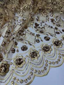 2026非洲薄纱蕾丝面料，3D立体花朵刺绣，亮片蕾丝网眼，高档非洲薄纱蕾丝面料，带亮片，高品质法式绳结设计，适合婚礼和派对面料，5码/1码