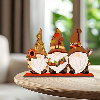 1 Piece Autumn Wooden Ornament With 3 Rustic Gnomes- Autumn Harvest Kitchen Table Centerpiece, Artificial Wooden Home Christmas Decoration Suitable Mantels, Shelves, And Holiday Displays, Gnome Theme Decoration, No Power Required