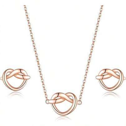 EVER FAITH S925 Love Heart Knot Pendant Necklace Stud Earring Set, Tiny Simple Jewelry Set Valentines/Mothers Day/Anniversary Birthday/Gifts Women Wife Mom