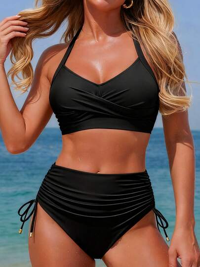 Neuer sexy Bikini-Set für Frauen mit hoher Taille und gekreuzten Trägern, Metallanhänger-Dekor, verstellbarer Kordelzug, schmeichelhafter Bauchbedeckung